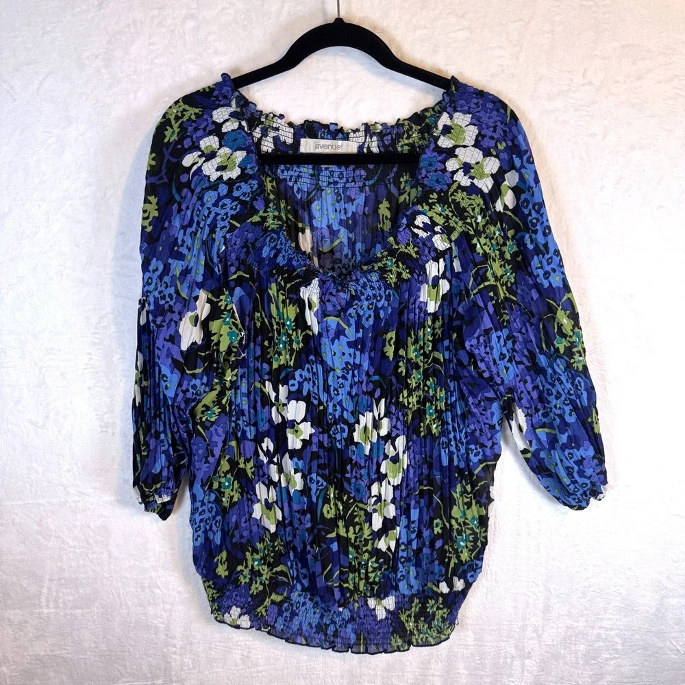 Avenue Blouse Floral Smocked Pleated Peasant 18/20 Blue Plus Size Women - Picture 2 of 4